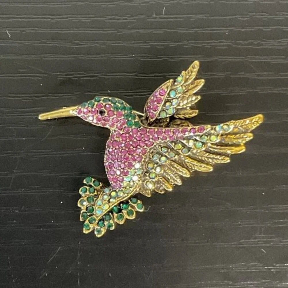 Vintage Hummingbird Brooch Pendant Combo Rhinestones Pink Green Gold-Tone Metal